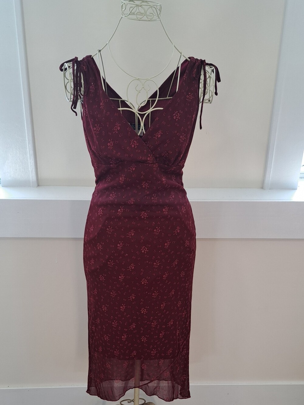 Y2K Up Front Burgundy Romantic Grunge Fairycore Coquette Sheer Overlay Dress S.